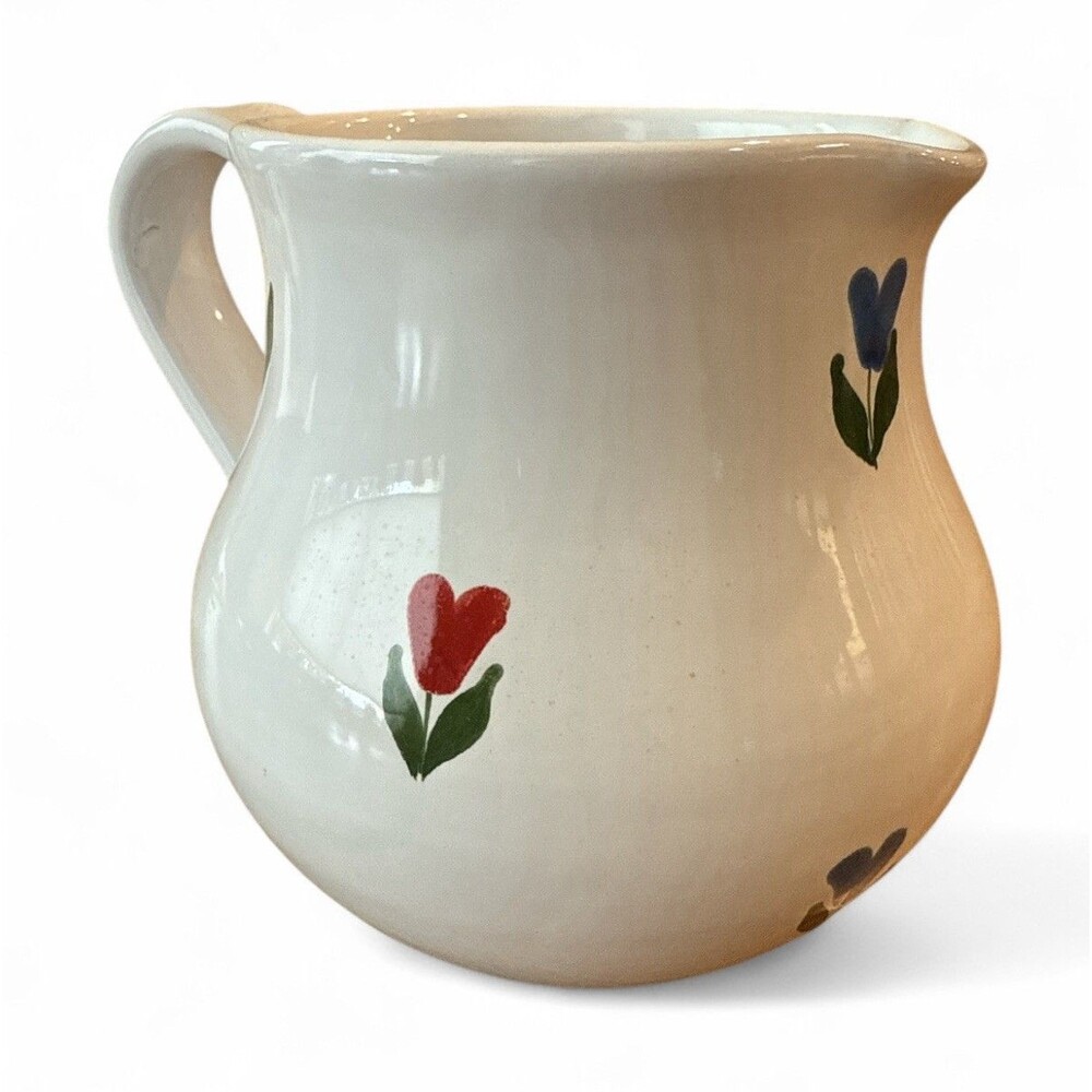 Hand Painted Made In Italy Tulip Flower Pitcher Creamer Vintage 6” White Glaze - Picture 2 of 6